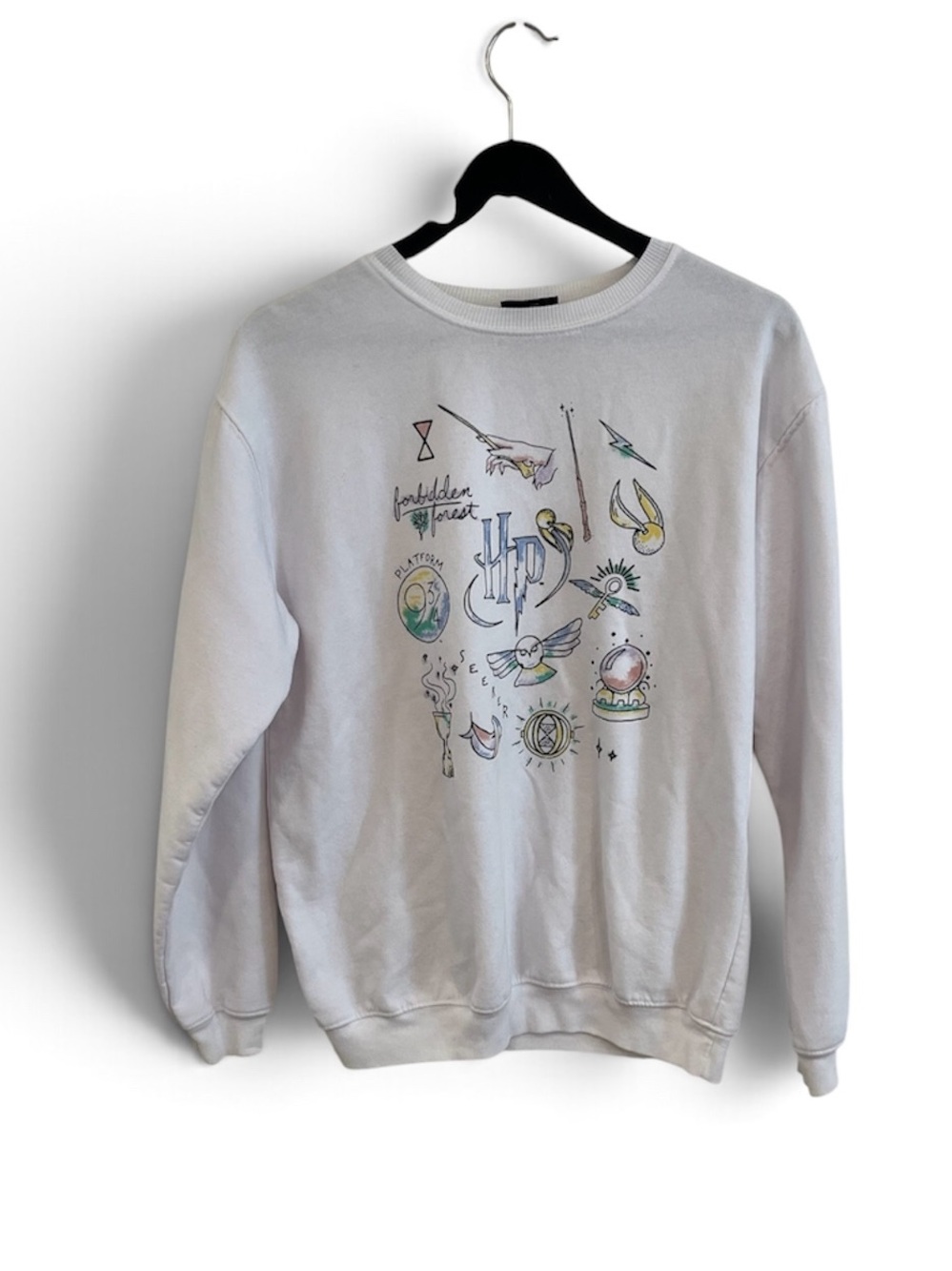 White Crewneck Sweater with Multicolor Magical Graphic